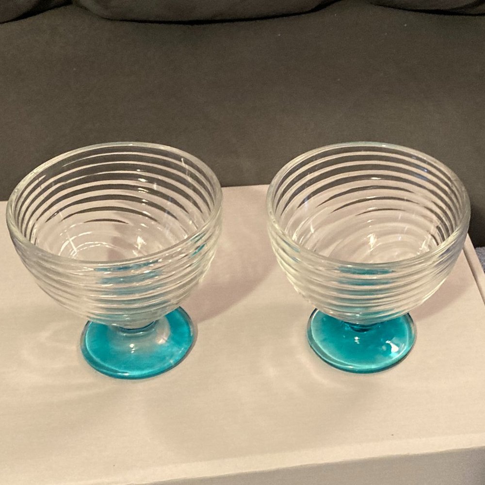 VTG 1990's Anchor Hocking Swirl Dessert Bowls (2) Park Ave-Aqua Stem-4" H-EUC
